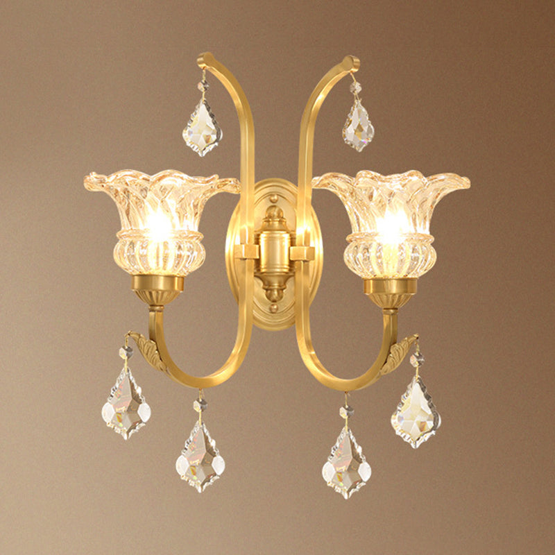 Ruffle Glass Gold Wall Light Floral Antique Wall Lighting Fixture with Crystal Draping 2.0 Gold Clearhalo 'Wall Lamps & Sconces' 'Wall Lights' Lighting' 2198443