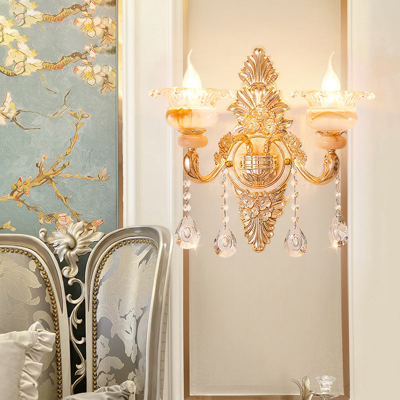 Gold Floral Ruffle Wall Mount Light Traditional Glass Corridor Wall Light Fixture with Crystal Accent 2.0 Gold B Clearhalo 'Wall Lamps & Sconces' 'Wall Lights' Lighting' 2198450