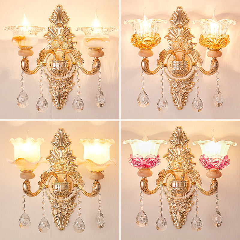 Gold Floral Ruffle Wall Mount Light Traditional Glass Corridor Wall Light Fixture with Crystal Accent Clearhalo 'Wall Lamps & Sconces' 'Wall Lights' Lighting' 2198451