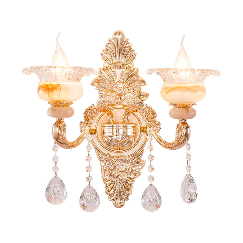 Gold Floral Ruffle Wall Mount Light Traditional Glass Corridor Wall Light Fixture with Crystal Accent Clearhalo 'Wall Lamps & Sconces' 'Wall Lights' Lighting' 2198452