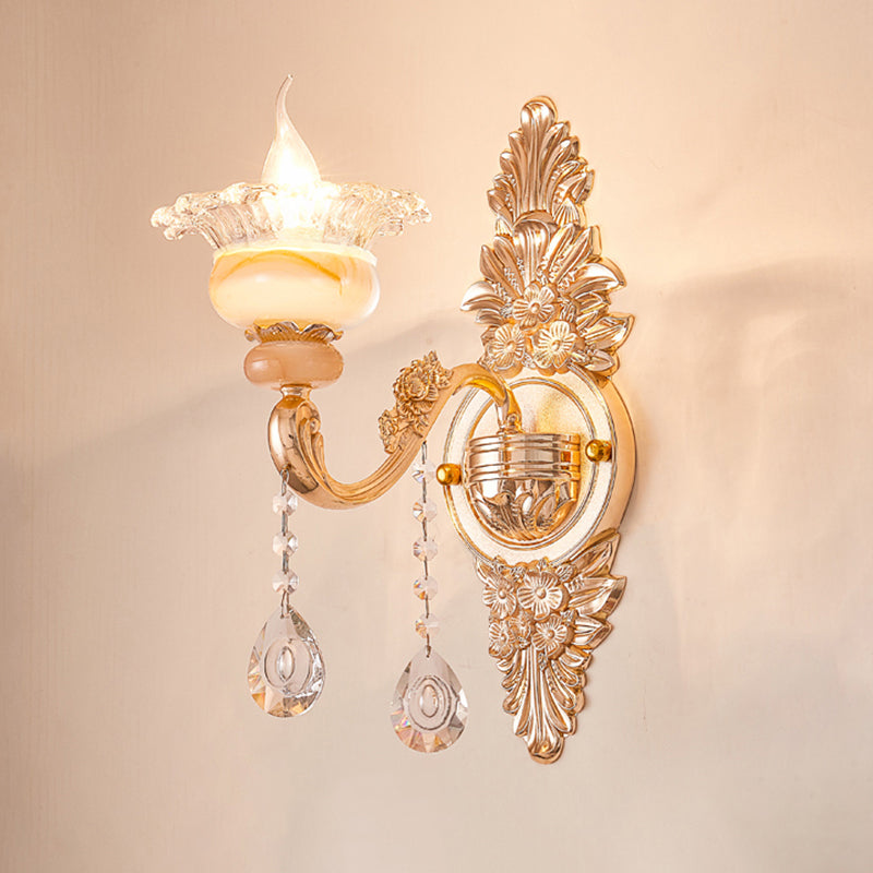 Gold Floral Ruffle Wall Mount Light Traditional Glass Corridor Wall Light Fixture with Crystal Accent 1.0 Gold B Clearhalo 'Wall Lamps & Sconces' 'Wall Lights' Lighting' 2198454