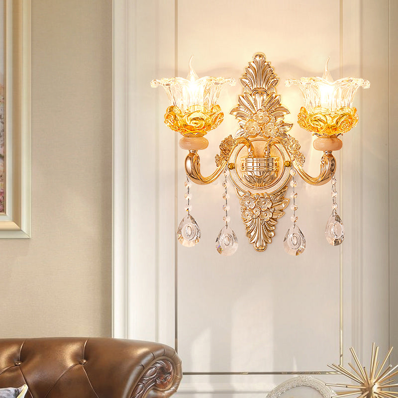 Gold Floral Ruffle Wall Mount Light Traditional Glass Corridor Wall Light Fixture with Crystal Accent 2.0 Gold C Clearhalo 'Wall Lamps & Sconces' 'Wall Lights' Lighting' 2198455