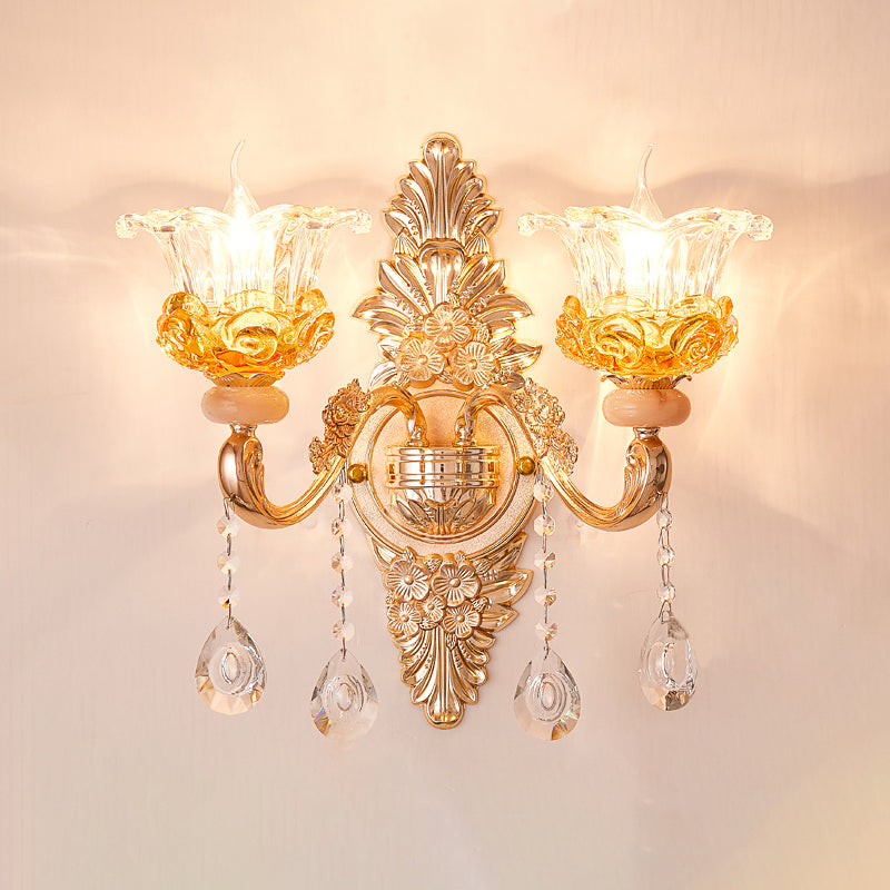 Gold Floral Ruffle Wall Mount Light Traditional Glass Corridor Wall Light Fixture with Crystal Accent Clearhalo 'Wall Lamps & Sconces' 'Wall Lights' Lighting' 2198456