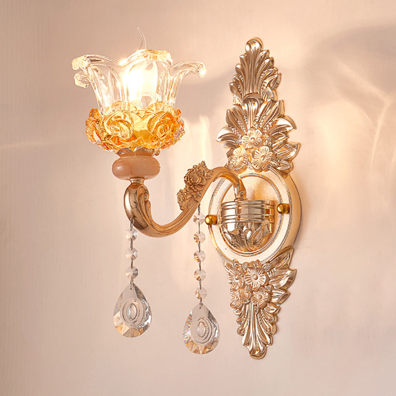 Gold Floral Ruffle Wall Mount Light Traditional Glass Corridor Wall Light Fixture with Crystal Accent 1.0 Gold C Clearhalo 'Wall Lamps & Sconces' 'Wall Lights' Lighting' 2198457