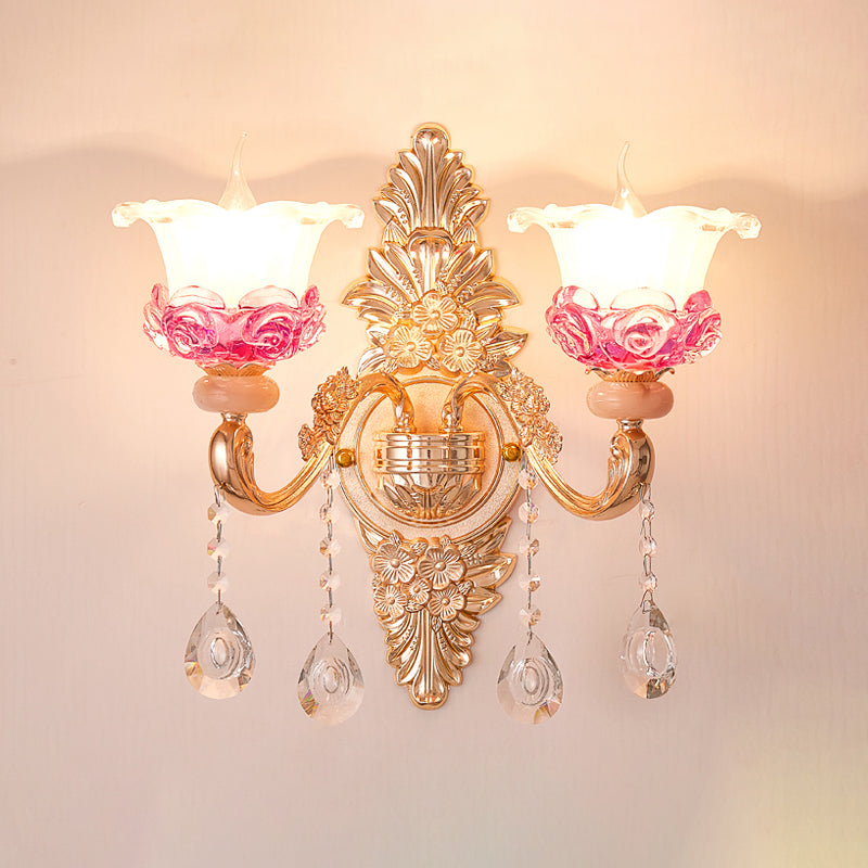 Gold Floral Ruffle Wall Mount Light Traditional Glass Corridor Wall Light Fixture with Crystal Accent Clearhalo 'Wall Lamps & Sconces' 'Wall Lights' Lighting' 2198459