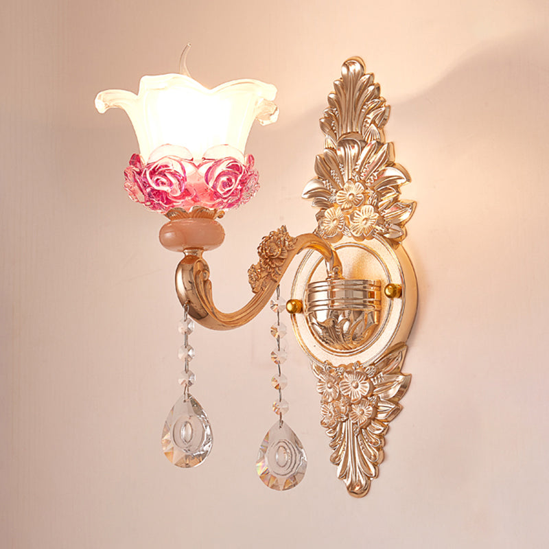 Gold Floral Ruffle Wall Mount Light Traditional Glass Corridor Wall Light Fixture with Crystal Accent 1.0 Gold D Clearhalo 'Wall Lamps & Sconces' 'Wall Lights' Lighting' 2198460