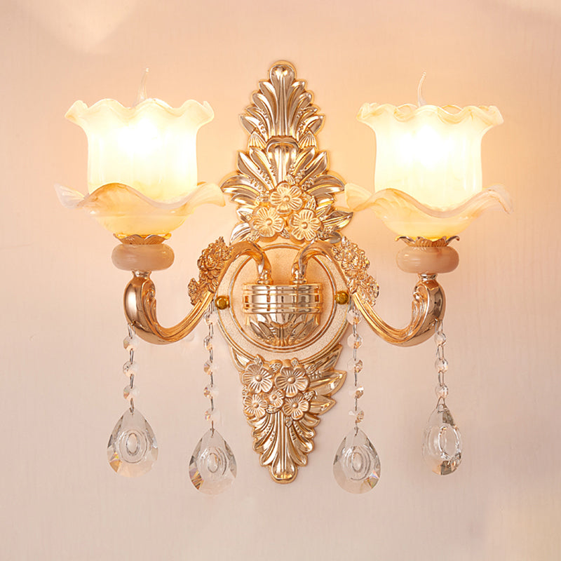 Gold Floral Ruffle Wall Mount Light Traditional Glass Corridor Wall Light Fixture with Crystal Accent 2.0 Gold A Clearhalo 'Wall Lamps & Sconces' 'Wall Lights' Lighting' 2198461