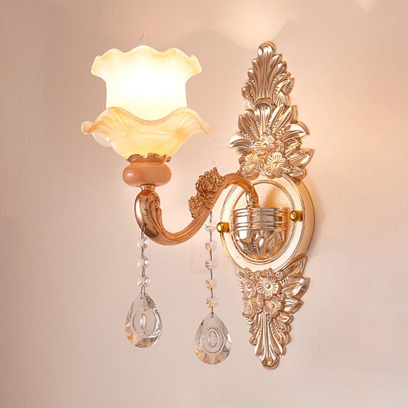 Gold Floral Ruffle Wall Mount Light Traditional Glass Corridor Wall Light Fixture with Crystal Accent 1.0 Gold A Clearhalo 'Wall Lamps & Sconces' 'Wall Lights' Lighting' 2198462