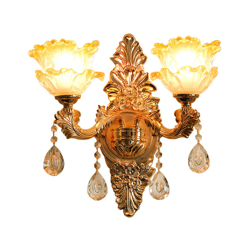 Gold Wall Light Fixture Vintage Frosted Glass Ruffle Flower Wall Mounted Lamp with Hanging Crystal Clearhalo 'Wall Lamps & Sconces' 'Wall Lights' Lighting' 2198467