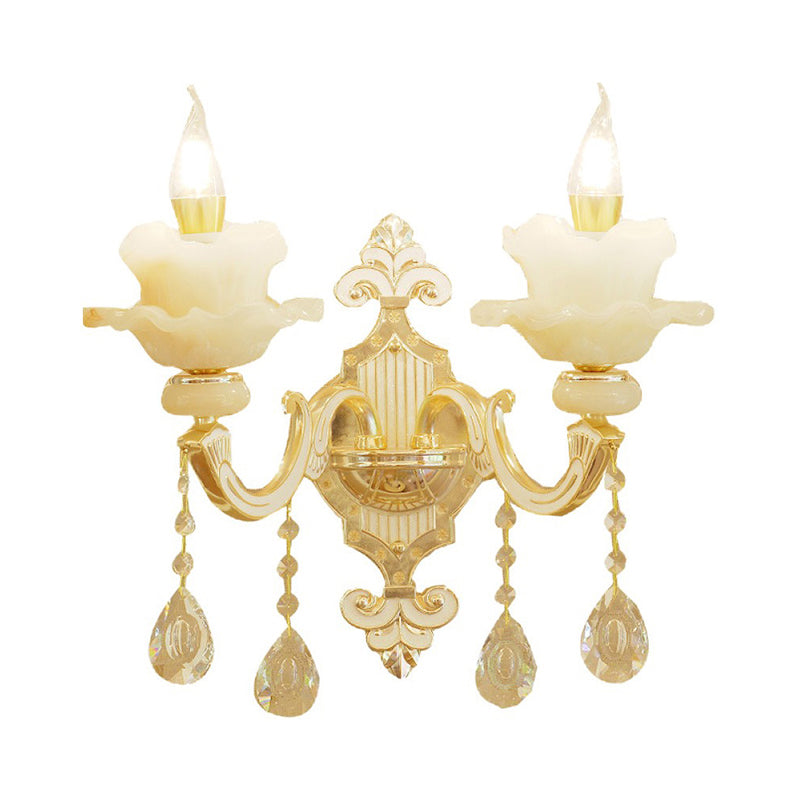 Ruffle Jade Wall Lamp Retro Style Living Room Wall Light with Crystal Accent in Gold Clearhalo 'Wall Lamps & Sconces' 'Wall Lights' Lighting' 2198488