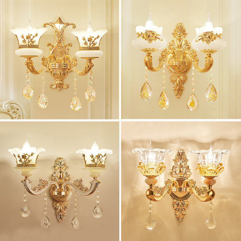 Imitation Jade Gold Wall Mount Light Bud Traditional Wall Light Fixture with Crystal Draping Clearhalo 'Wall Lamps & Sconces' 'Wall Lights' Lighting' 2198497