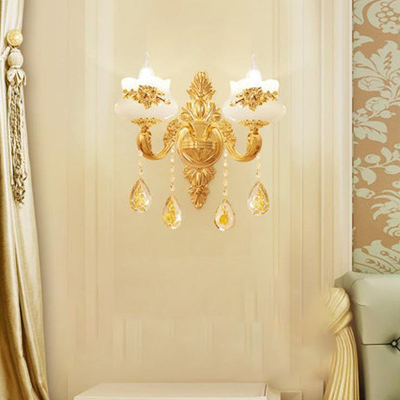 Imitation Jade Gold Wall Mount Light Bud Traditional Wall Light Fixture with Crystal Draping 2.0 Gold C Clearhalo 'Wall Lamps & Sconces' 'Wall Lights' Lighting' 2198501