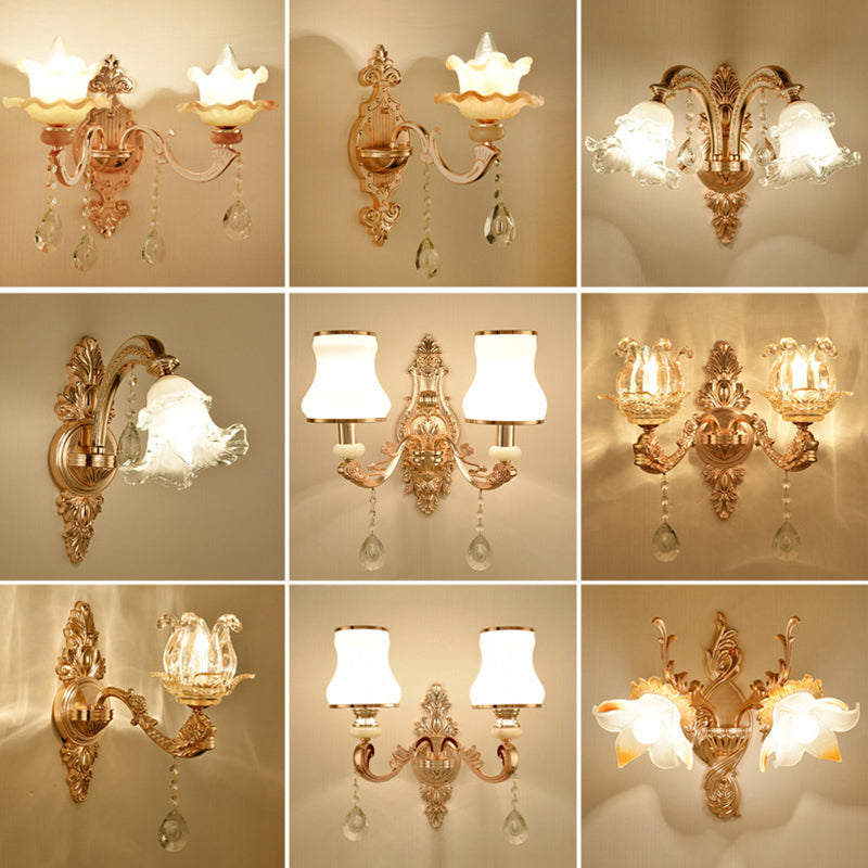 Gold Wall Mount Light Retro Glass Floral Shade Wall Lighting with Hanging Crystal Clearhalo 'Wall Lamps & Sconces' 'Wall Lights' Lighting' 2198532