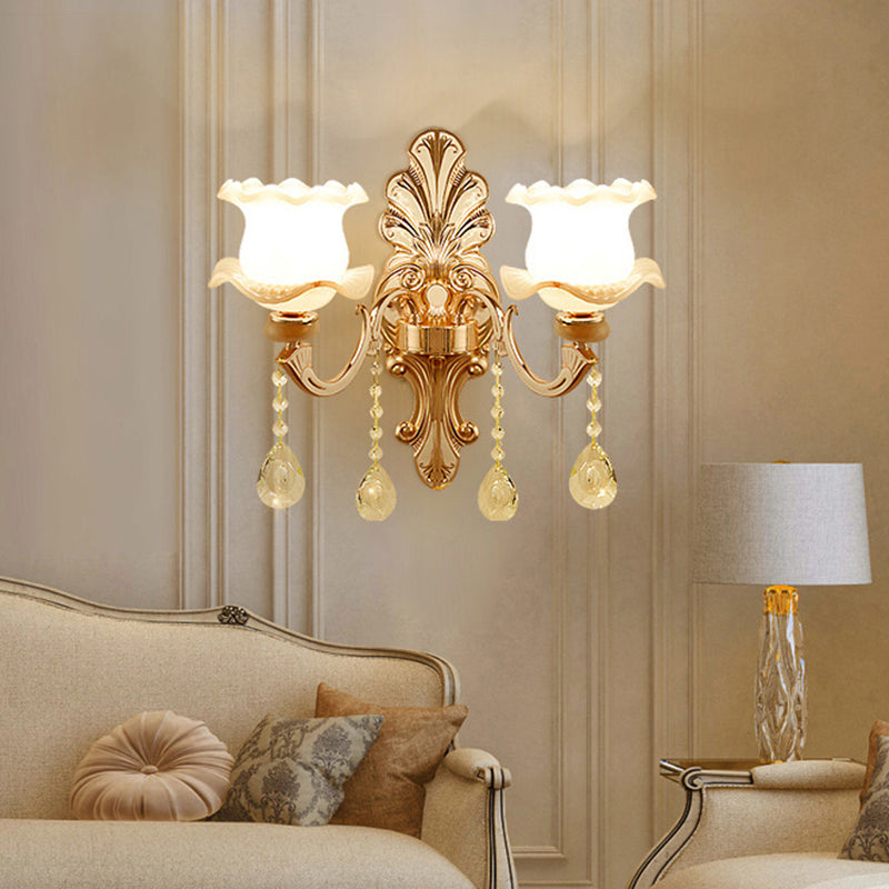 Gold Wall Mount Light Retro Glass Floral Shade Wall Lighting with Hanging Crystal Gold A Clearhalo 'Wall Lamps & Sconces' 'Wall Lights' Lighting' 2198534