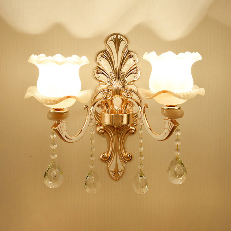 Gold Wall Mount Light Retro Glass Floral Shade Wall Lighting with Hanging Crystal Clearhalo 'Wall Lamps & Sconces' 'Wall Lights' Lighting' 2198535