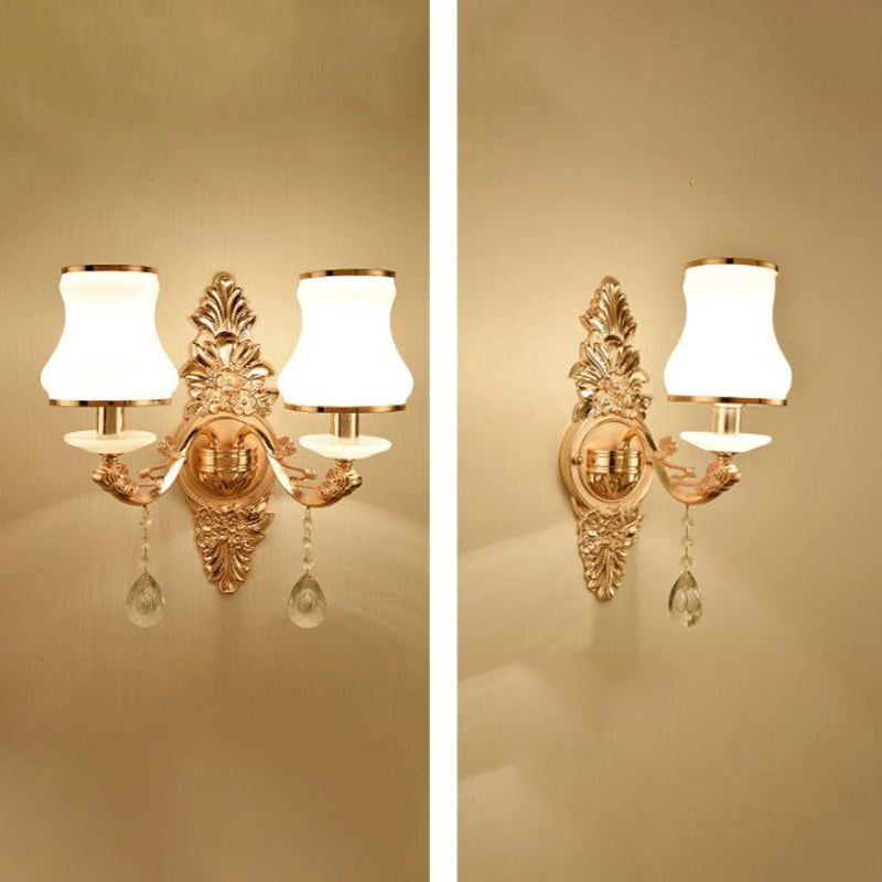 Gold Wall Mount Light Retro Glass Floral Shade Wall Lighting with Hanging Crystal Gold B Clearhalo 'Wall Lamps & Sconces' 'Wall Lights' Lighting' 2198536