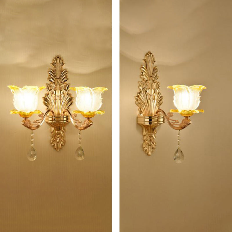 Gold Wall Mount Light Retro Glass Floral Shade Wall Lighting with Hanging Crystal Gold C Clearhalo 'Wall Lamps & Sconces' 'Wall Lights' Lighting' 2198537