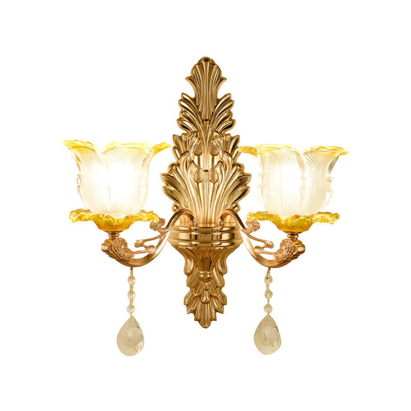 Gold Wall Mount Light Retro Glass Floral Shade Wall Lighting with Hanging Crystal Clearhalo 'Wall Lamps & Sconces' 'Wall Lights' Lighting' 2198539