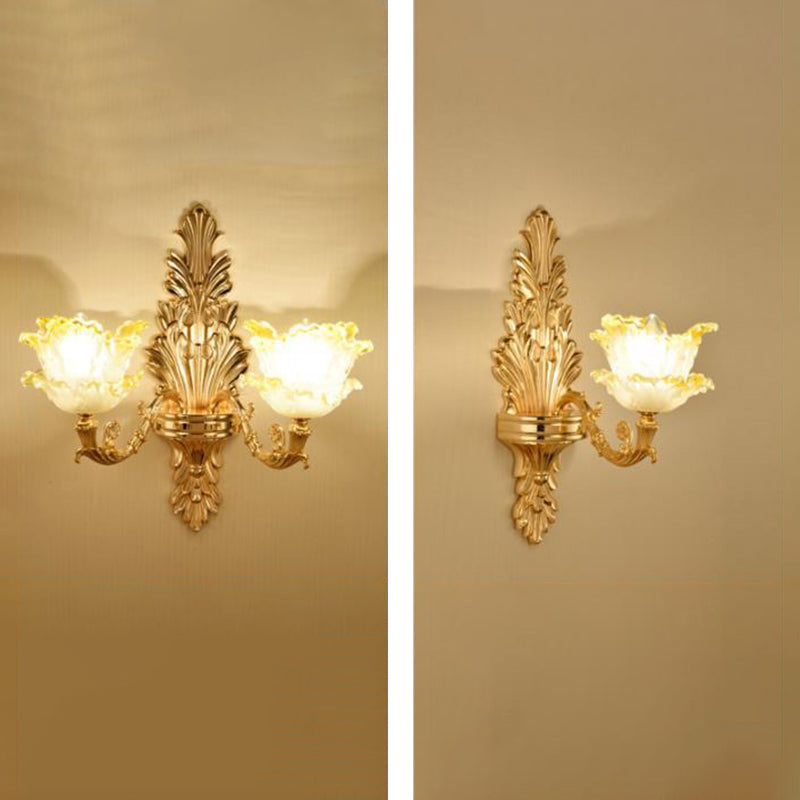 Gold Wall Mount Light Retro Glass Floral Shade Wall Lighting with Hanging Crystal Gold D Clearhalo 'Wall Lamps & Sconces' 'Wall Lights' Lighting' 2198540