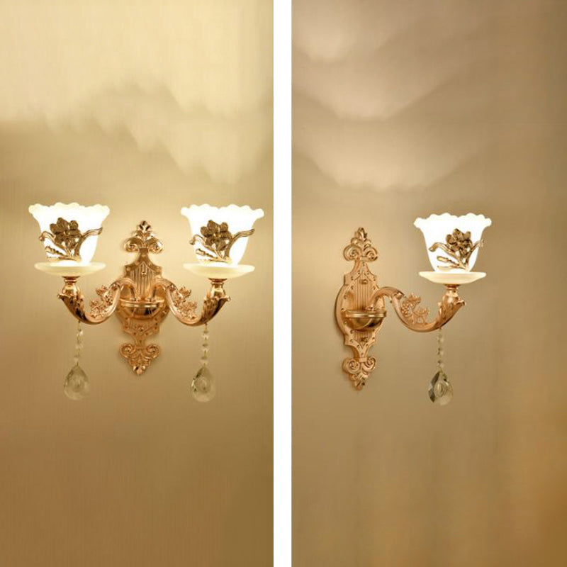 Gold Wall Mount Light Retro Glass Floral Shade Wall Lighting with Hanging Crystal Gold E Clearhalo 'Wall Lamps & Sconces' 'Wall Lights' Lighting' 2198541