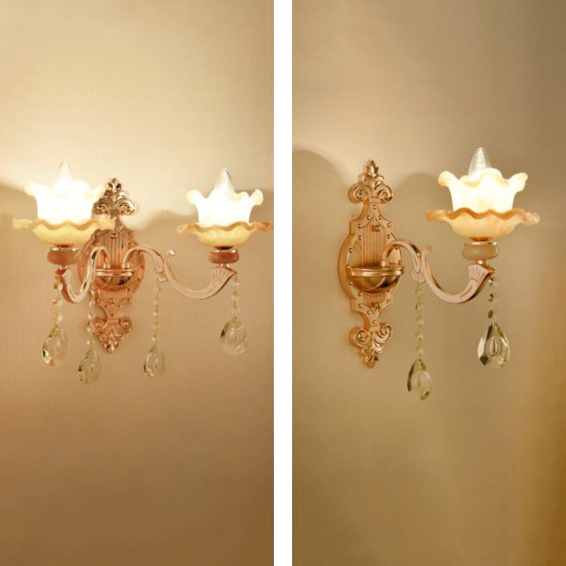 Gold Wall Mount Light Retro Glass Floral Shade Wall Lighting with Hanging Crystal Gold F Clearhalo 'Wall Lamps & Sconces' 'Wall Lights' Lighting' 2198543