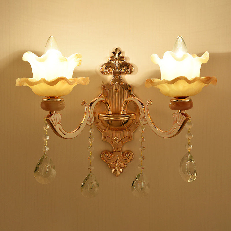 Gold Wall Mount Light Retro Glass Floral Shade Wall Lighting with Hanging Crystal Clearhalo 'Wall Lamps & Sconces' 'Wall Lights' Lighting' 2198544