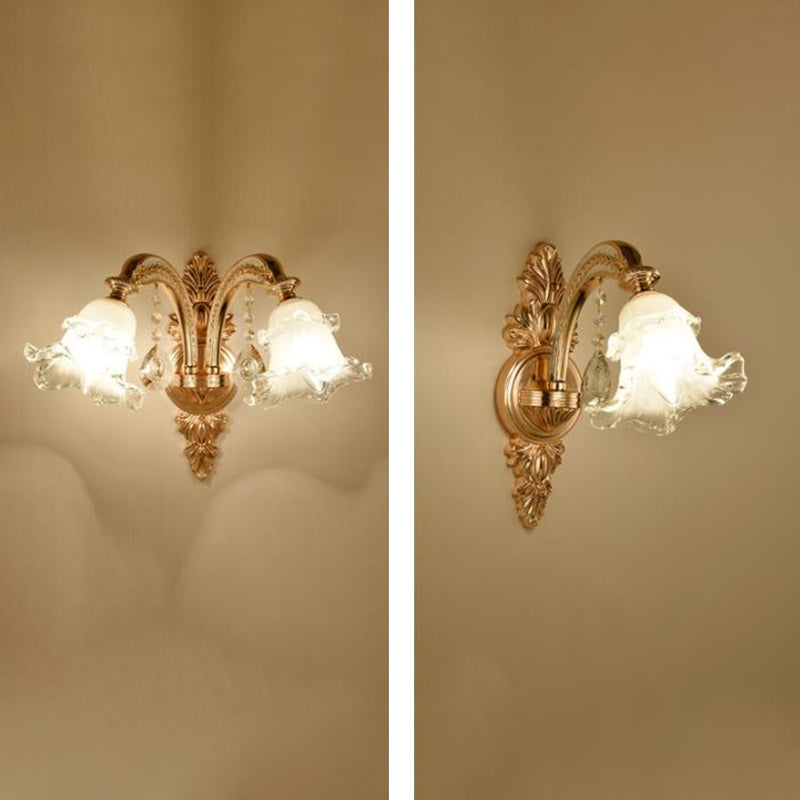 Gold Wall Mount Light Retro Glass Floral Shade Wall Lighting with Hanging Crystal Gold G Clearhalo 'Wall Lamps & Sconces' 'Wall Lights' Lighting' 2198545