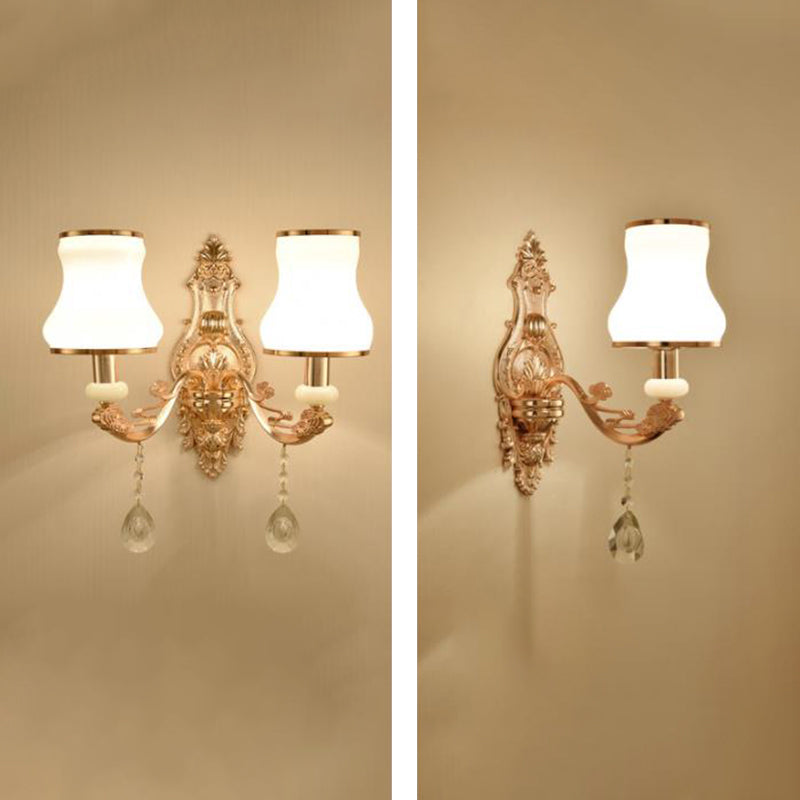 Gold Wall Mount Light Retro Glass Floral Shade Wall Lighting with Hanging Crystal Gold H Clearhalo 'Wall Lamps & Sconces' 'Wall Lights' Lighting' 2198546