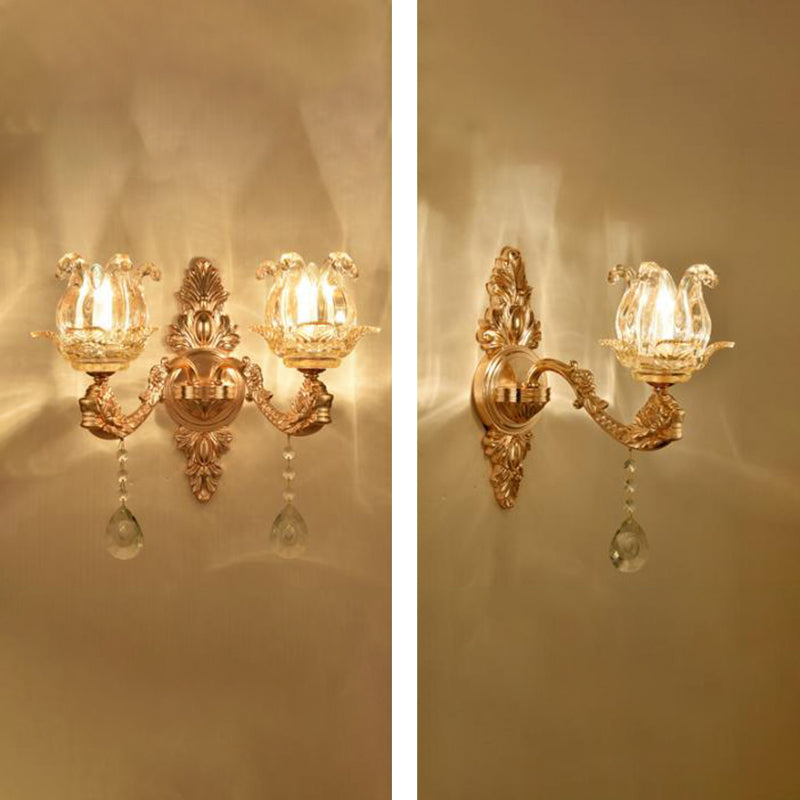 Gold Wall Mount Light Retro Glass Floral Shade Wall Lighting with Hanging Crystal Gold I Clearhalo 'Wall Lamps & Sconces' 'Wall Lights' Lighting' 2198547