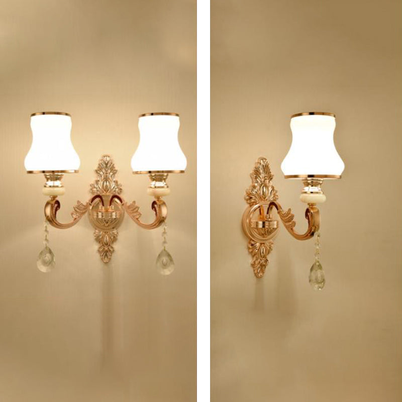 Gold Wall Mount Light Retro Glass Floral Shade Wall Lighting with Hanging Crystal Gold J Clearhalo 'Wall Lamps & Sconces' 'Wall Lights' Lighting' 2198549