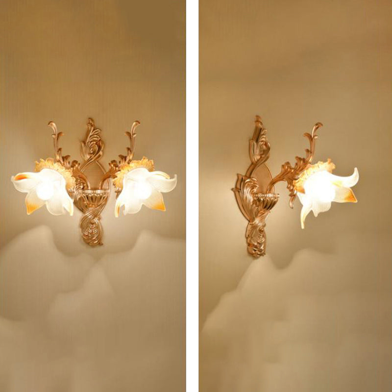 Gold Wall Mount Light Retro Glass Floral Shade Wall Lighting with Hanging Crystal Gold K Clearhalo 'Wall Lamps & Sconces' 'Wall Lights' Lighting' 2198551