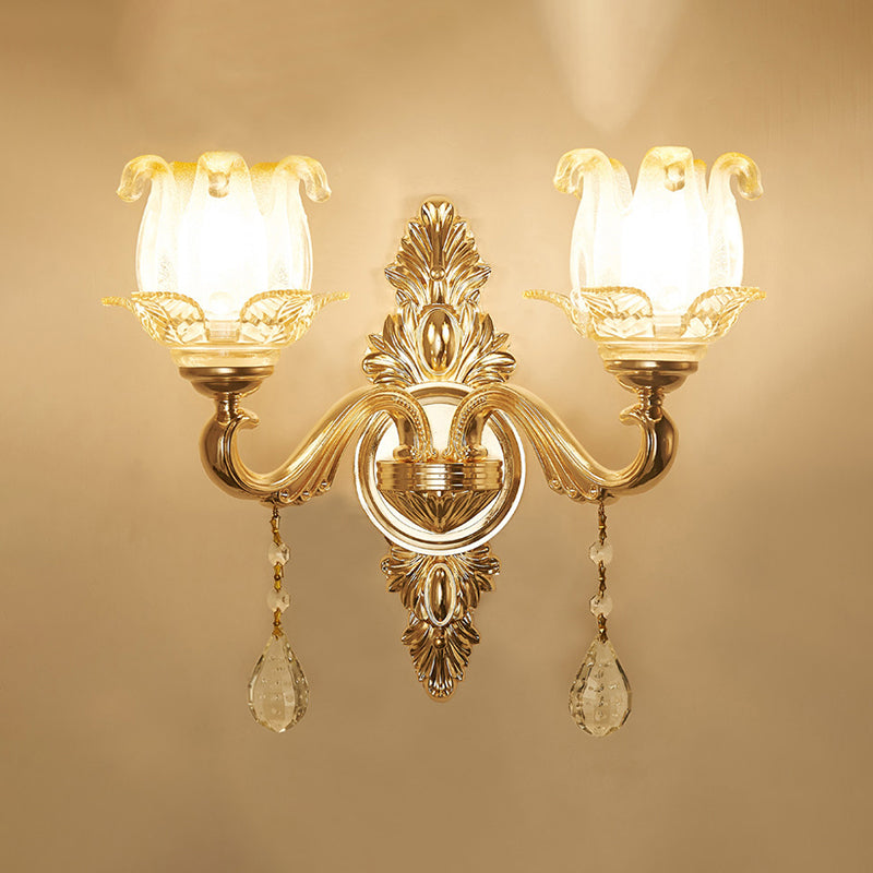 Retro Style Flower Wall Lamp Glass Wall Light Fixture with Crystal Draping in Gold Clearhalo 'Wall Lamps & Sconces' 'Wall Lights' Lighting' 2198553