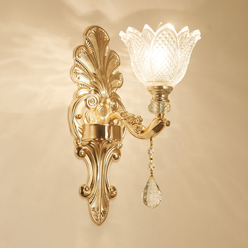 Flower Textured Glass Wall Light Antique Living Room Wall Lighting Fixture with Crystal Accent in Gold Clearhalo 'Wall Lamps & Sconces' 'Wall Lights' Lighting' 2198562