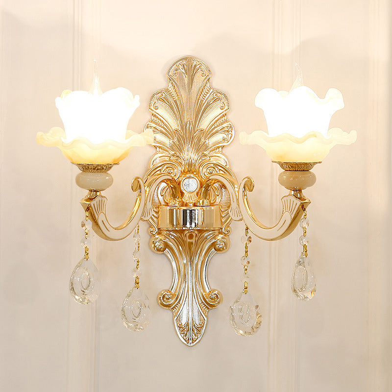 Flower Textured Glass Wall Light Antique Living Room Wall Lighting Fixture with Crystal Accent in Gold 2.0 Gold C Clearhalo 'Wall Lamps & Sconces' 'Wall Lights' Lighting' 2198567