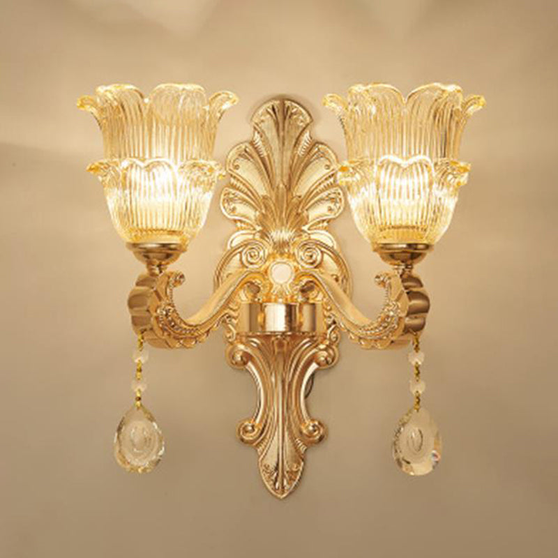 Flower Textured Glass Wall Light Antique Living Room Wall Lighting Fixture with Crystal Accent in Gold 2.0 Gold D Clearhalo 'Wall Lamps & Sconces' 'Wall Lights' Lighting' 2198569