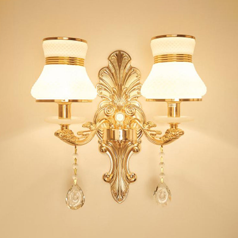 Flower Textured Glass Wall Light Antique Living Room Wall Lighting Fixture with Crystal Accent in Gold 2.0 Gold E Clearhalo 'Wall Lamps & Sconces' 'Wall Lights' Lighting' 2198571