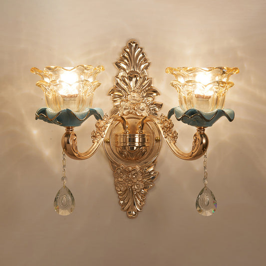 Brown Glass Floral Ruffle Wall Light Fixture Vintage Corridor Wall Mounted Lamp with Hanging Crystal in Gold Clearhalo 'Wall Lamps & Sconces' 'Wall Lights' Lighting' 2198586