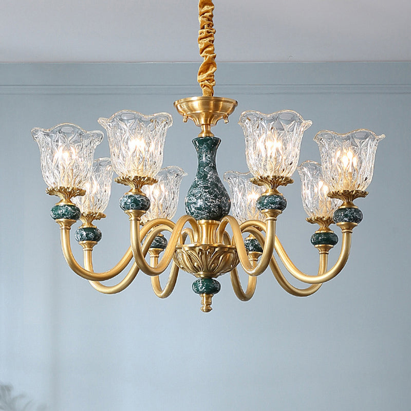 Traditional Flared Ceiling Lighting Carved Glass Chandelier Light Fixture with Ruffle Edge in Brass 8 Brass Clearhalo 'Ceiling Lights' 'Chandeliers' Lighting' options 2198619_baabac27-bf99-445f-88b7-8b7c5b41843a