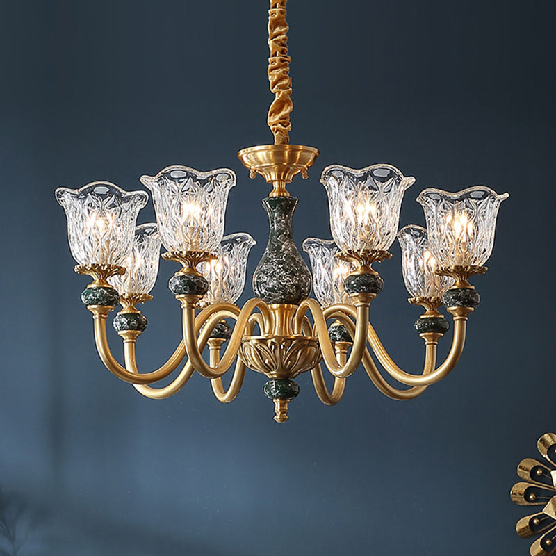 Traditional Flared Ceiling Lighting Carved Glass Chandelier Light Fixture with Ruffle Edge in Brass Clearhalo 'Ceiling Lights' 'Chandeliers' Lighting' options 2198620