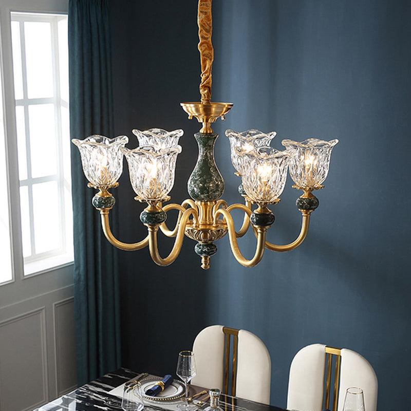 Traditional Flared Ceiling Lighting Carved Glass Chandelier Light Fixture with Ruffle Edge in Brass 6 Brass Clearhalo 'Ceiling Lights' 'Chandeliers' Lighting' options 2198624_67f12277-1844-4f8a-878e-1b65e490ae57