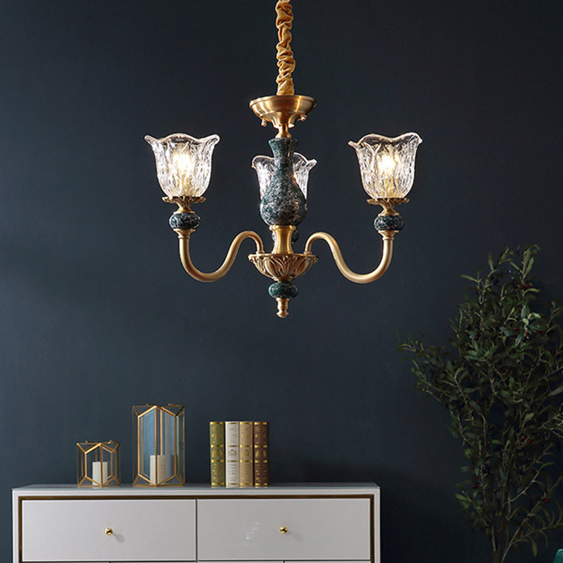 Traditional Flared Ceiling Lighting Carved Glass Chandelier Light Fixture with Ruffle Edge in Brass 3 Brass Clearhalo 'Ceiling Lights' 'Chandeliers' Lighting' options 2198625_a23ff35d-f784-45ab-a196-d64ba61b119d