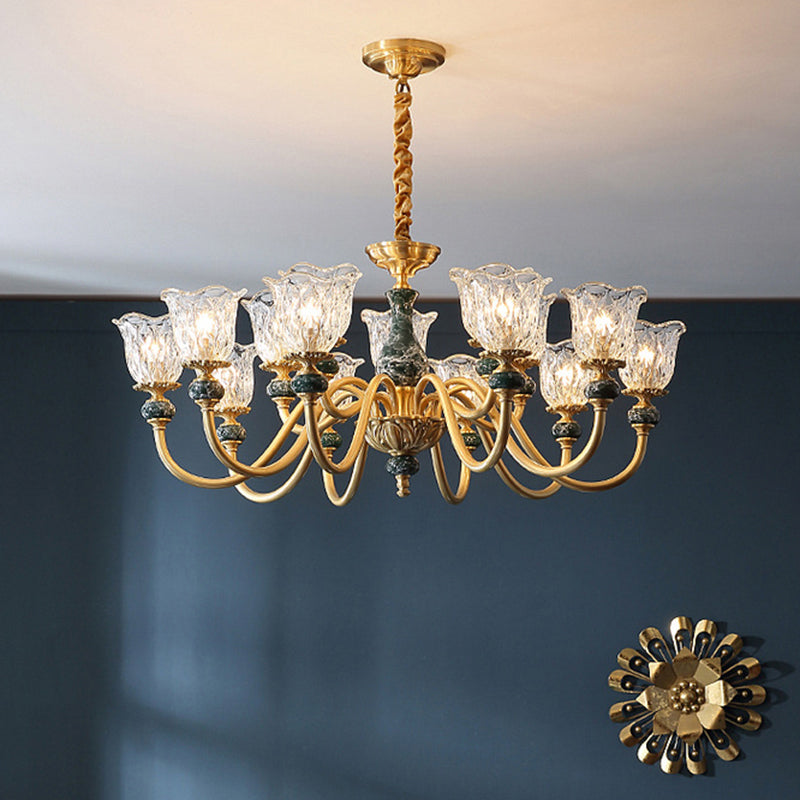 Traditional Flared Ceiling Lighting Carved Glass Chandelier Light Fixture with Ruffle Edge in Brass 15 Brass Clearhalo 'Ceiling Lights' 'Chandeliers' Lighting' options 2198627_c103aada-54be-466b-9d2b-314a5212167f