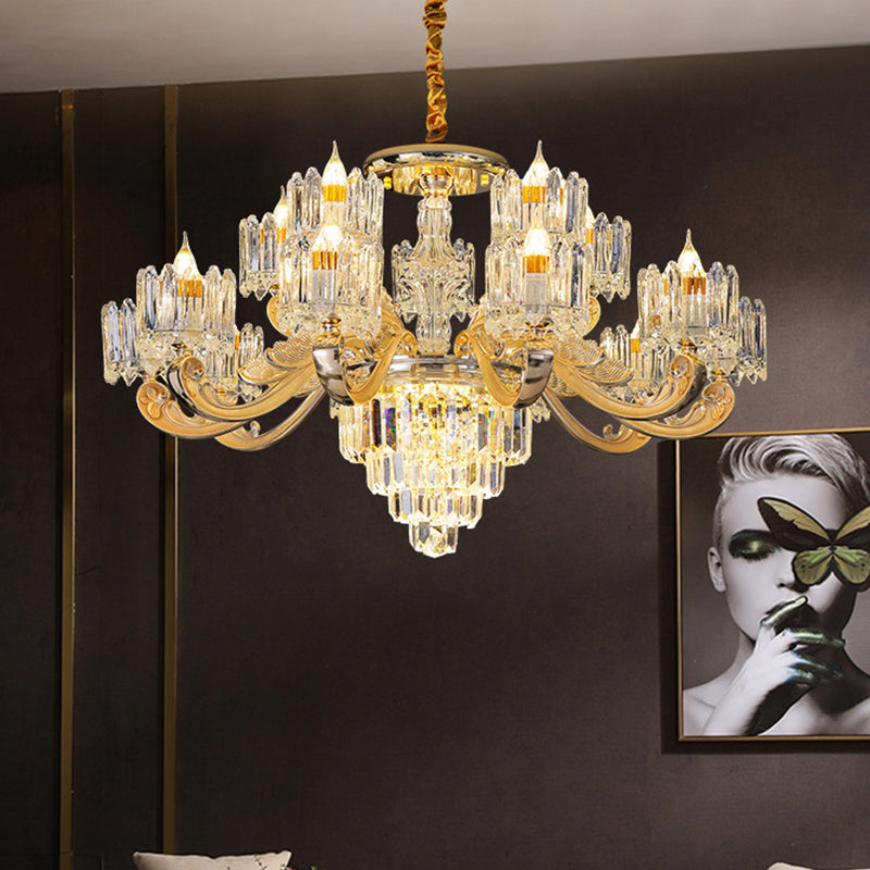 Cylindrical Shaped Living Room Chandelier Light Retro Clear Glass Gold Pendant Light with Layered Crystal Decor Clearhalo 'Ceiling Lights' 'Chandeliers' Lighting' options 2198629