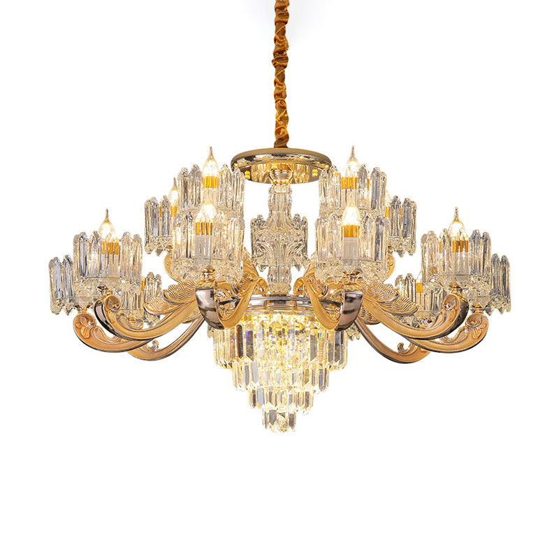 Cylindrical Shaped Living Room Chandelier Light Retro Clear Glass Gold Pendant Light with Layered Crystal Decor Clearhalo 'Ceiling Lights' 'Chandeliers' Lighting' options 2198630