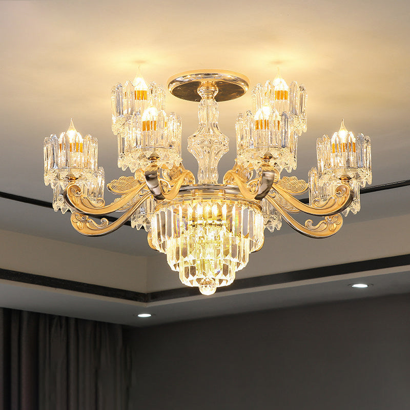 Cylindrical Shaped Living Room Chandelier Light Retro Clear Glass Gold Pendant Light with Layered Crystal Decor Clearhalo 'Ceiling Lights' 'Chandeliers' Lighting' options 2198631