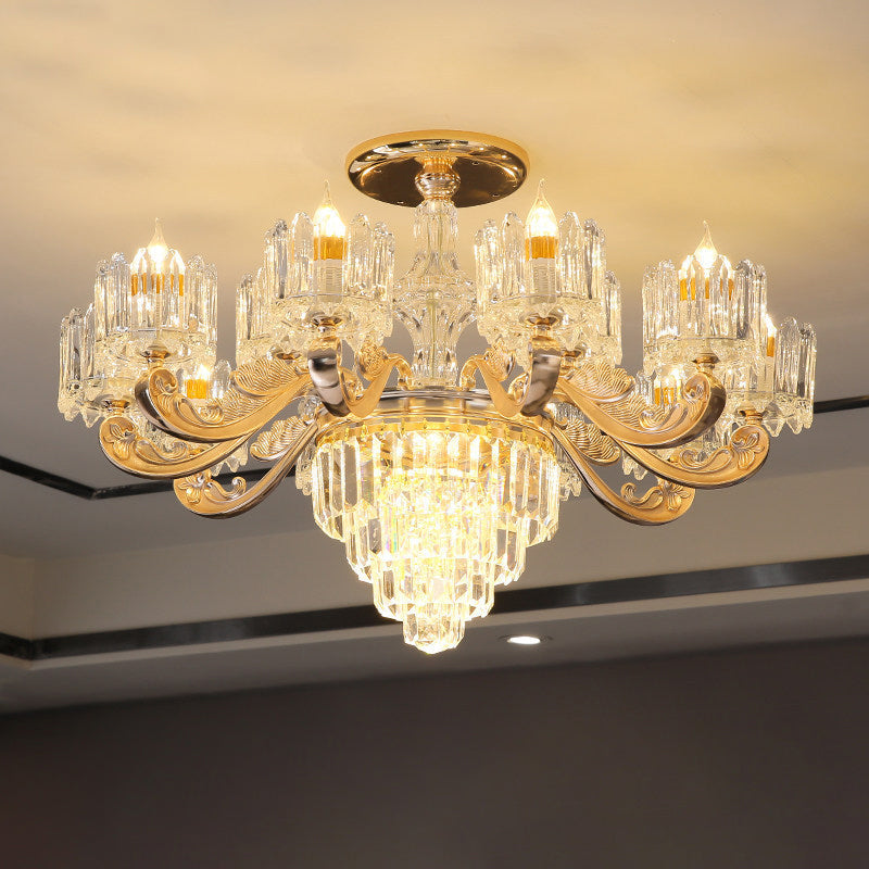 Cylindrical Shaped Living Room Chandelier Light Retro Clear Glass Gold Pendant Light with Layered Crystal Decor Clearhalo 'Ceiling Lights' 'Chandeliers' Lighting' options 2198632