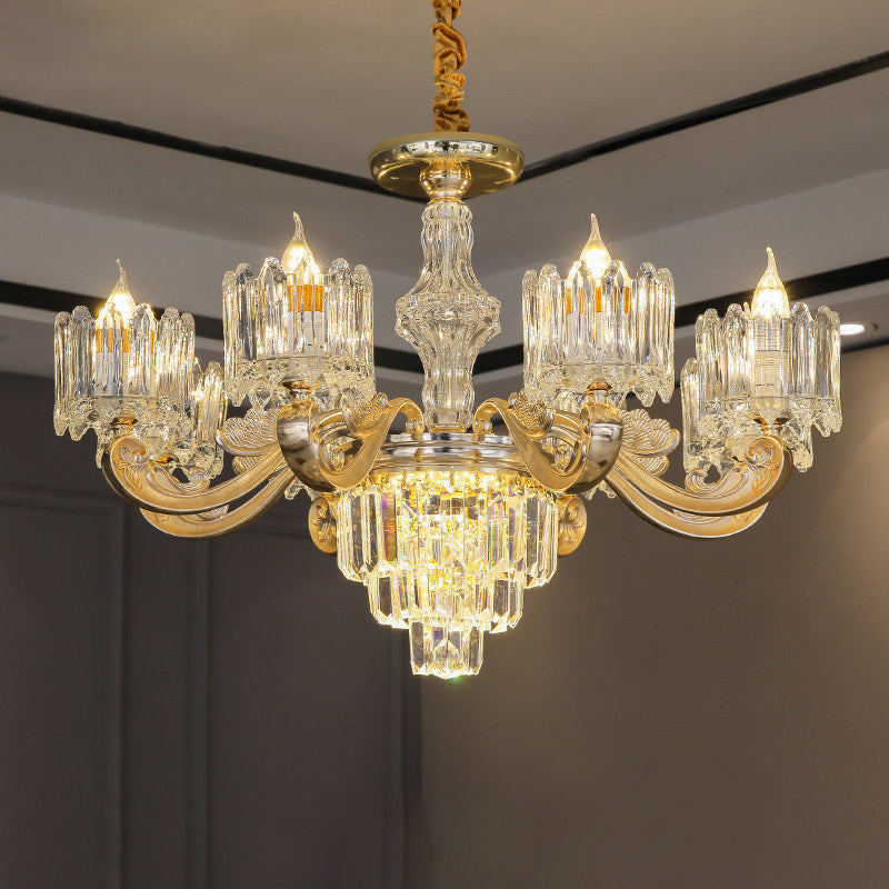 Cylindrical Shaped Living Room Chandelier Light Retro Clear Glass Gold Pendant Light with Layered Crystal Decor Clearhalo 'Ceiling Lights' 'Chandeliers' Lighting' options 2198633