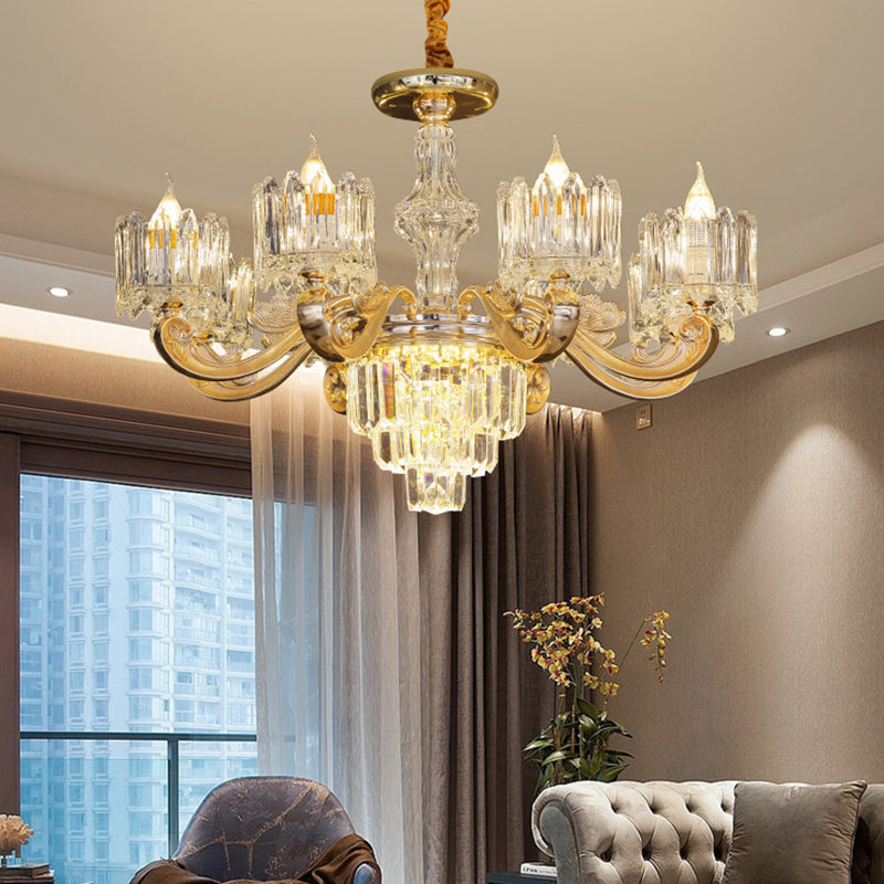 Cylindrical Shaped Living Room Chandelier Light Retro Clear Glass Gold Pendant Light with Layered Crystal Decor Clearhalo 'Ceiling Lights' 'Chandeliers' Lighting' options 2198634