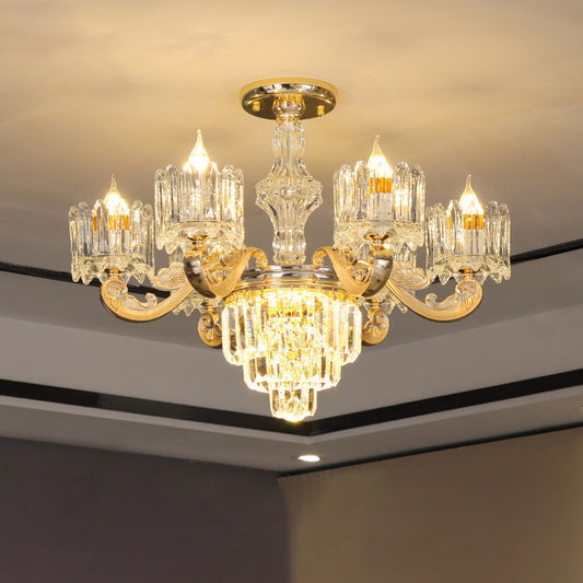 Cylindrical Shaped Living Room Chandelier Light Retro Clear Glass Gold Pendant Light with Layered Crystal Decor Clearhalo 'Ceiling Lights' 'Chandeliers' Lighting' options 2198635