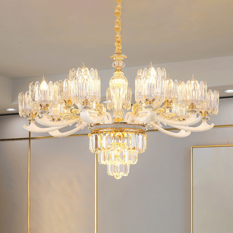 Cylindrical Shaped Living Room Chandelier Light Retro Clear Glass Gold Pendant Light with Layered Crystal Decor Clearhalo 'Ceiling Lights' 'Chandeliers' Lighting' options 2198637